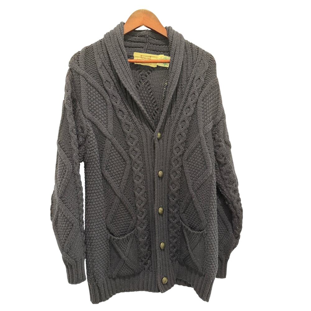 ARAN SWEATER MARKET 100% Merino Wool Navy Cable Knit Cardigan L